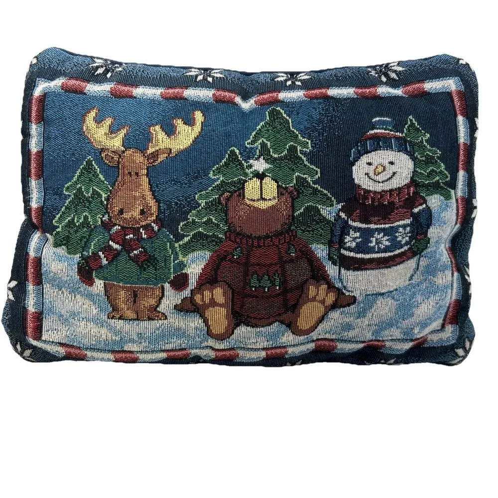 Vintage Tapestry Christmas Pillow - Deer, Bear, & Snowman VGC